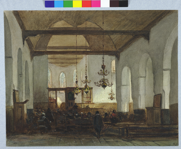 31233 Interieur van de Geertekerk te Utrecht: het schip en het koor gezien uit het oosten tijdens een kerkdienst.